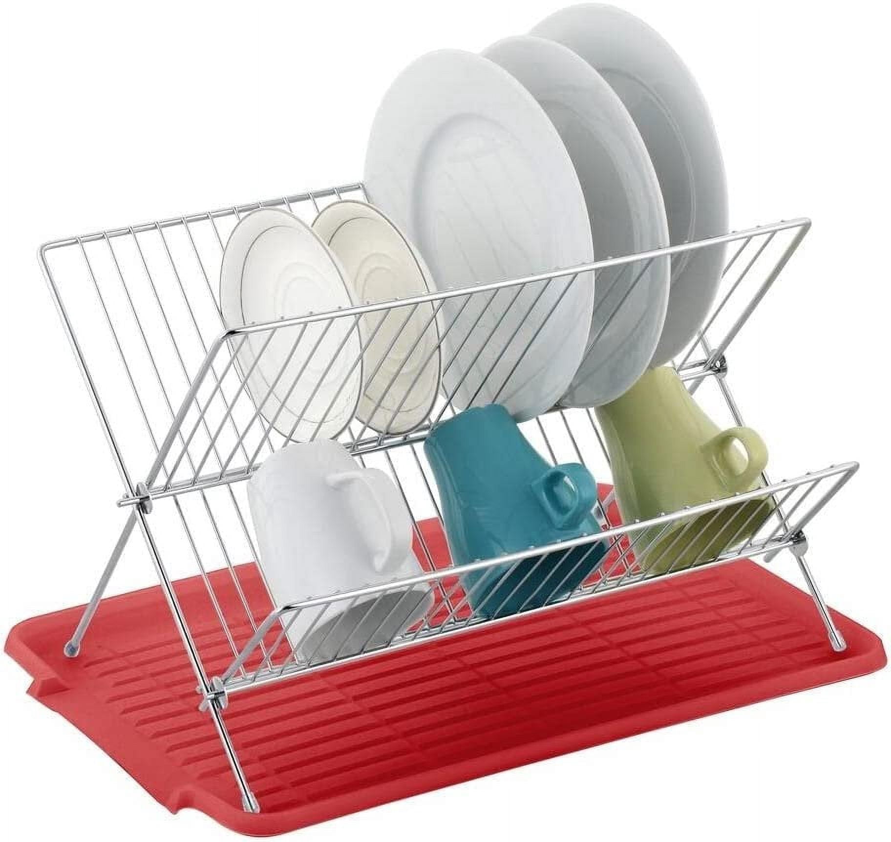 J&V TEXTILES Foldable Dish Drying Rack with Drainboard, Stainless Steel 2 Tier Dish Drainer Rack, Collapsible Dish Drainer, Folding Dish Rack for Kitchen Sink, Countertop, Cutlery, Plates Red