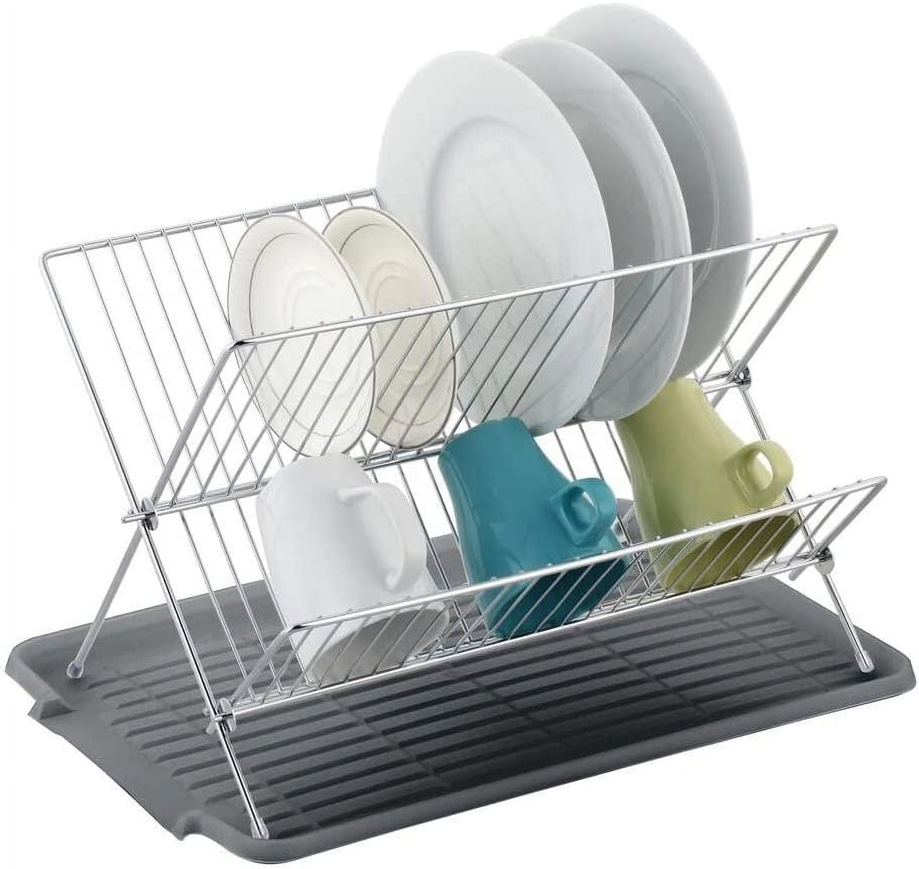 NewFolding stainless steel double deck drain dish rack for kitchen