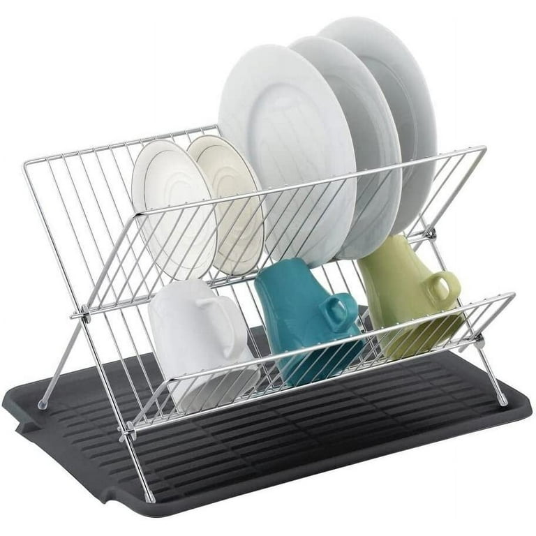 J&V Textiles Foldable Dish Drying Rack with Drainboard, Stainless Steel 2 Tier Dish Drainer Rack, Collapsible Dish Drainer, Folding Dish Rack for