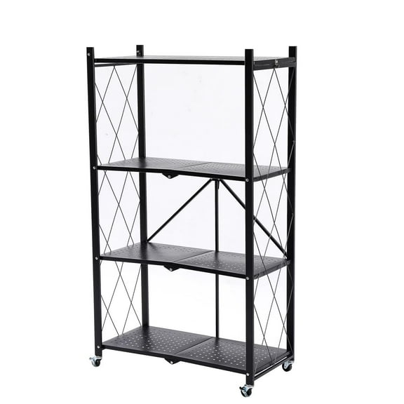 J&V TEXTILES Foldable Storage Shelf with Wheels - Metal Collapsible Shelving Unit Display, Rolling Cart for Books Kitchen Storage Shelves, Pantry & Closet Organizer, Office Room Decor 4-Tier