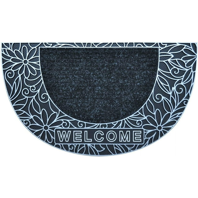 J&V TEXTILES Original Durable Rubber Door Mat, 18x28, Heavy Duty Doormat, Indoor Outdoor, Waterproof, Easy Clean, Low-Profile Mats for Entry, Garage, Patio Bouquet Half Moon Silver