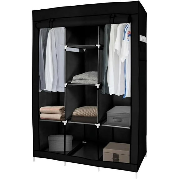 J&V TEXTILES Portable Closet Wardrobe Closet for Hanging Clothes with 8 Storage Shelves, 2 Hanging Rod and 4 Pockets, Free Standing Closet Clothes Organizer for Bedroom Black