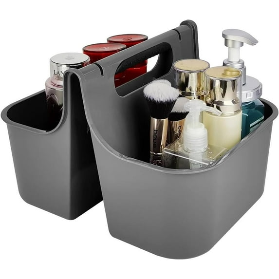 J&V TEXTILES Portable Shower Caddy, Bathroom Organizer Basket, Perfect Size for Dorm/College, Plastic Bath Tote, Dries Quickly with Drainage Holes, Soft Grip Carrying Handle Gray