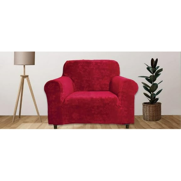 J&V TEXTILES Rich Floral Pattern Velvet Stretch Chair Cover Chair Slipcover Sofa Cover Furniture Protector Couch Soft with Elastic Bottom Chair Couch Cover with Arms Burgundy, Chair