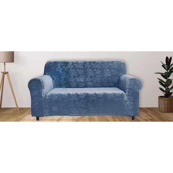 J&V TEXTILES Rich Floral Pattern Velvet Stretch Chair Cover Chair Slipcover Sofa Cover Furniture Protector Couch Soft with Elastic Bottom Chair Couch Cover with Arms Blue, Love Seat