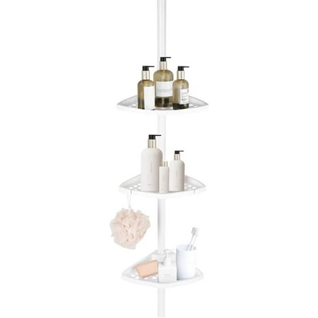 J&V TEXTILES Rustproof Shower Caddy Corner for Bathroom,Bathtub Storage Organizer for Shampoo Accessories,3 or 4 Tier Adjustable Shelves with Tension Pole,Up to 8 Feet 3-Tier