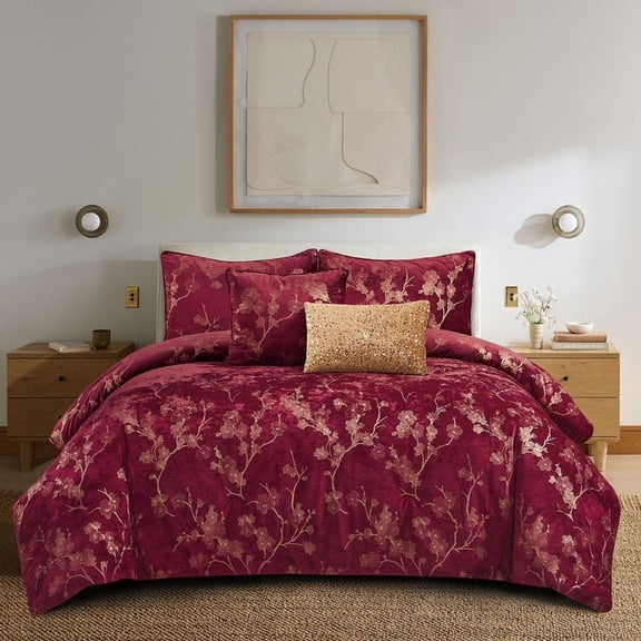 J&V TEXTILES SEOUL 5 PIECE CHENILLE METALLIC SHEEN COMFORTER SET - KING - RED