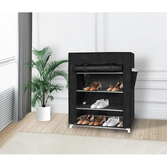 J&V TEXTILES Shoe Rack Organizer Tall Shoe Rack for Closet Entryway 4 Tier Non-Woven Cover Shoe Shelf Holds 12 Pairs Free Standing Shoe Storage Cabinet with Dustproof Cover Black