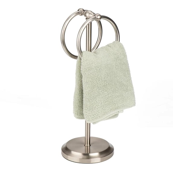 J&V TEXTILES Steel Towel Rack Holder Stand with 2 Hanging Rings for Bathroom Vanity Countertops - Space Saving Hand Towel Holder Brushed Satin Nickel