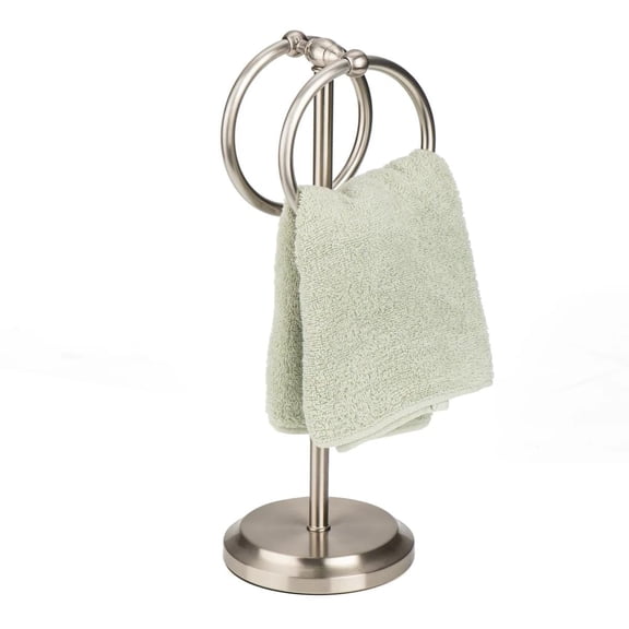 J&V TEXTILES Steel Towel Rack Holder Stand with 2 Hanging Rings for Bathroom Vanity Countertops - Space Saving Hand Towel Holder Brushed Satin Nickel