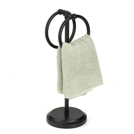 J&V TEXTILES Steel Towel Rack Holder Stand with 2 Hanging Rings for Bathroom Vanity Countertops - Space Saving Hand Towel Holder Matte Black