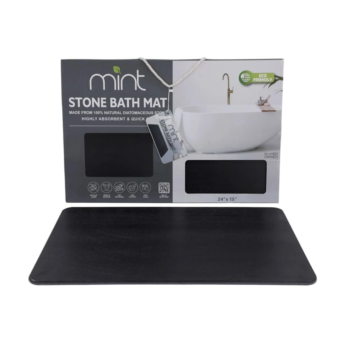 J&V TEXTILES Stone Bath Mat Diatomaceous Earth Shower Mat Non-Slip Super Absorbent Diatomite Stone Mats for Bathroom Floor Quick-Drying Easy to Clean 24''15'' Grey Matte Black