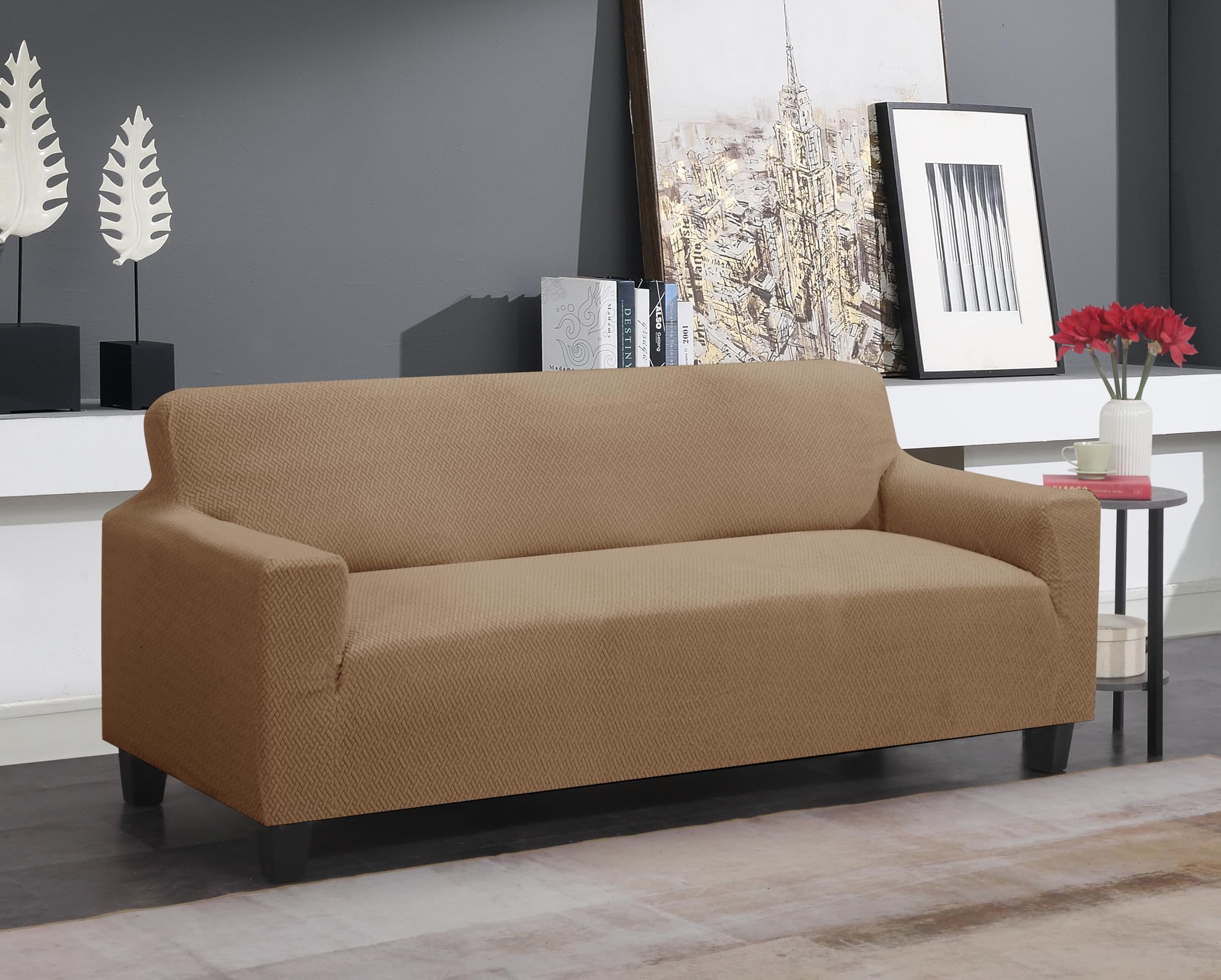 J&V TEXTILES Super Stretch Sofa Slipcover  Spandex Non Slip Soft Couch Sofa Cover, Washable Furniture Protector with Non Skid Foam and Elastic Bottom for Kids, Pets Taupe, Sofa