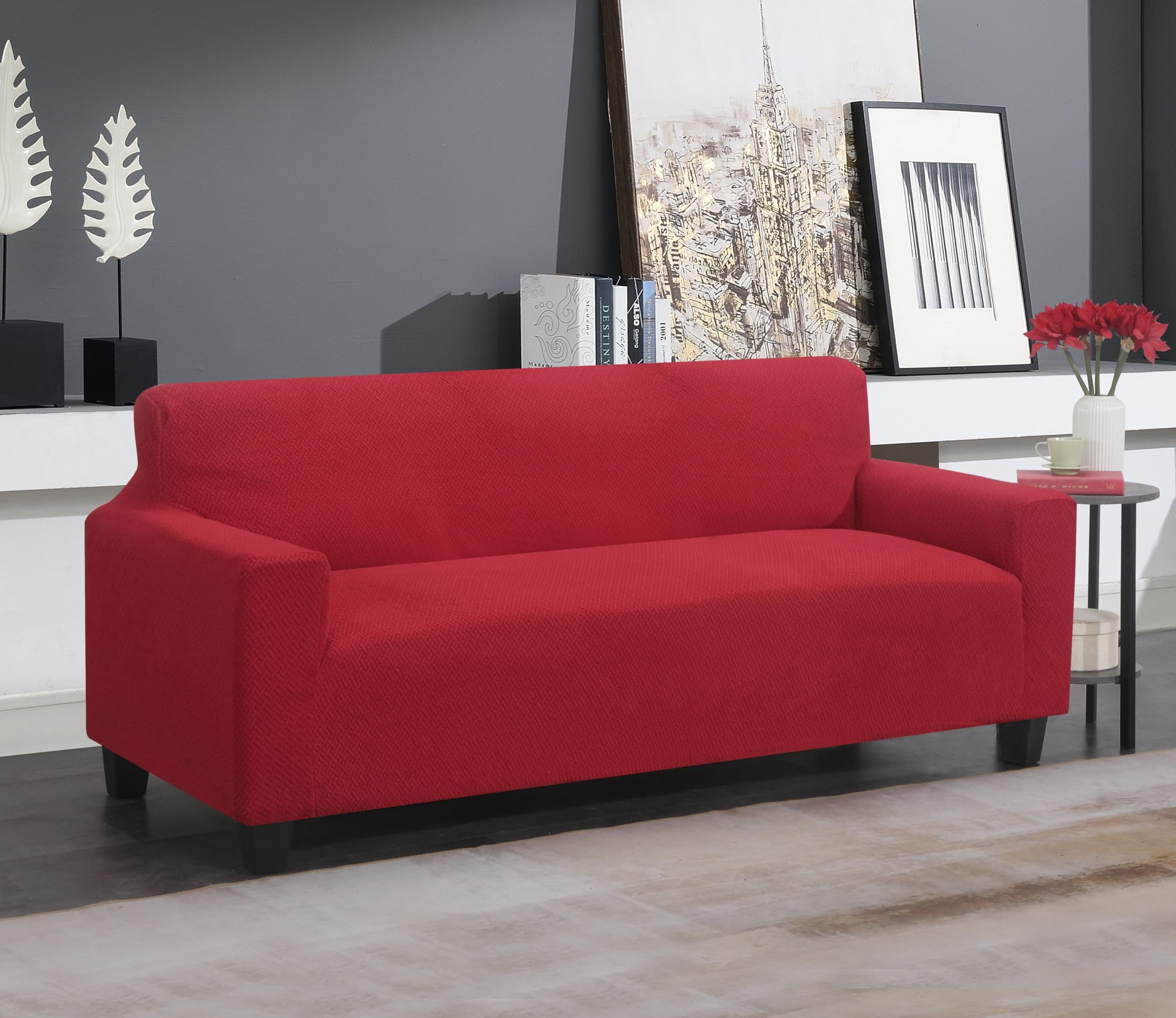 J&V TEXTILES Super Stretch Sofa Slipcover  Spandex Non Slip Soft Couch Sofa Cover, Washable Furniture Protector with Non Skid Foam and Elastic Bottom for Kids, Pets Burgundy, Sofa