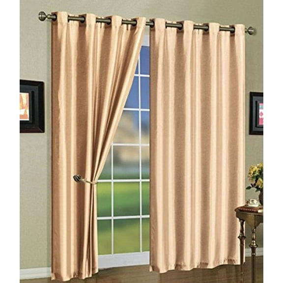 J&V Textiles Curtain Set with Two Curtain Panels and Hanging Grommets, 84" Long (Beige)