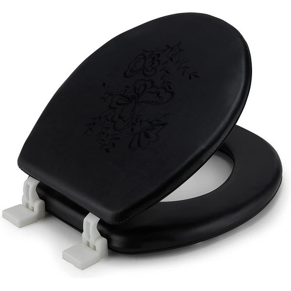 J&V Textiles Embroidered Soft Round Toilet Seat With Easy Clean & Change Hinge, Padded Black