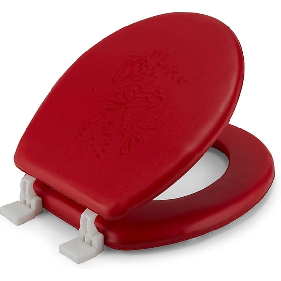 J&V Textiles Embroidered Soft Round Toilet Seat With Easy Clean & Change Hinge, Padded Red