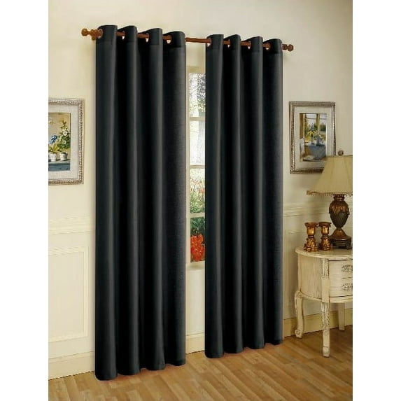 J&V Textiles Faux Silk Window Curtain Set with Two Curtain Panels and Hanging Grommets, 84" Long (Black)