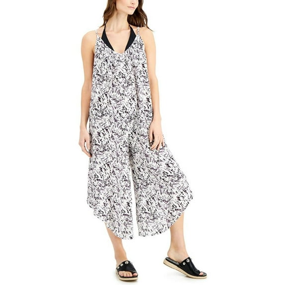 J. Valdi Womens Printed Flowy Jumpsuit Swim Cover-Up B/W M