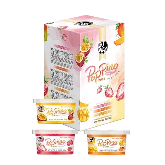 J WAY Bursting Popping Boba Bubble Pearl Variety Set with 3 Flavors Strawberry, Mango, Passion Fruit - Gift Box (3.3 lbs)
