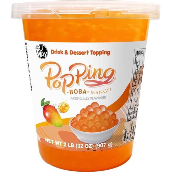 J WAY Bursting Popping Mango Boba Pearls, Mango Syrup, Non-Dairy, Fat-Free Popping Tapioca Boba for Beverages, Sweets, Ice Cream (2LB, 1 Pack)