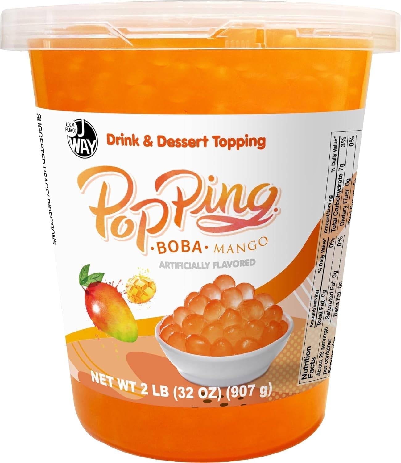 J WAY Bursting Popping Mango Boba Pearls, Mango Syrup, Non-Dairy, Fat-Free Popping Tapioca Boba for Beverages, Sweets, Ice Cream (2LB, 1 Pack)