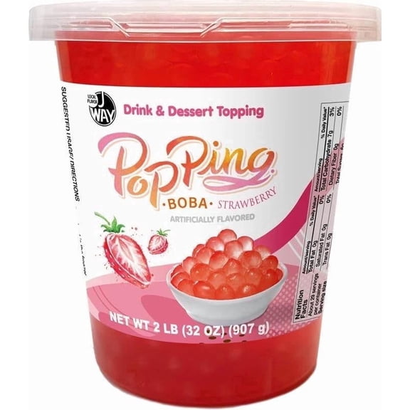 J WAY Bursting Popping Strawberry Boba Pearls, Strawberry Syrup, Non-Dairy, Fat-Free Popping Tapioca Boba for Beverages, Sweets, Ice Cream (2LB, 1 Pack)
