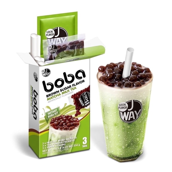 JWAY Instant Matcha Milk Boba Tea Kit with Authentic Brown Sugar Tapioca Boba Pearls, Bubble Milk Tea Boba Set, Ready in Under 1 Minute, Paper Straws Included, 3 Servings