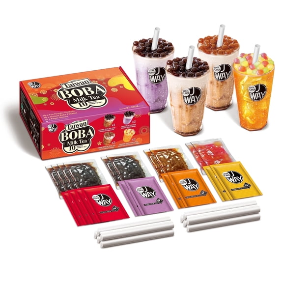 JWAY Instant Boba Bubble Pearl Variety Milk Tea Fruity Tea Kit with Authentic Brown Sugar Fruity Tapioca Boba, 10 Servings