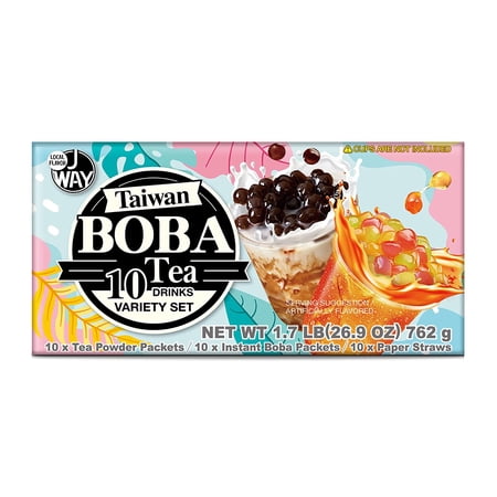 J WAY Instant Boba Bubble Pearl Variety Milk Tea Fruity Tea Kit with Authentic Brown Sugar Fruity Tapioca Boba, Ready in Under One Minute, Paper Straws Included - Gift Box - 10 Servings