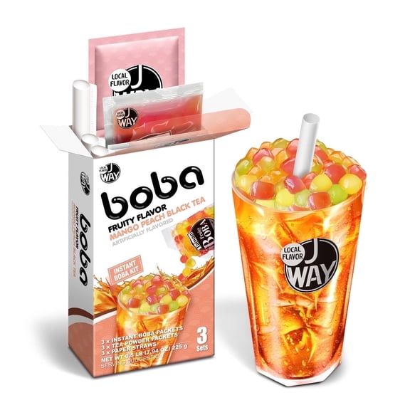 J WAY Instant Mango Peach Black Tea Kit with Authentic Fruity Colorful Tapioca Boba, 3 Servings