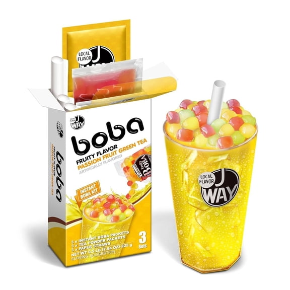 J WAY Instant Passionfruit Pineapple Green Tea Kit with Authentic Fruity Colorful Tapioca Boba, 3 Servings