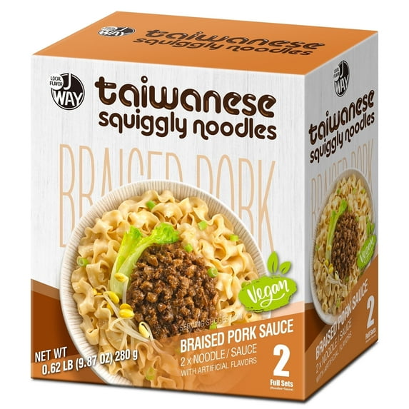 J WAY Instant Taiwan Squiggly Noodles with Pork Sauce, (Pack of 2) Air-Dried Vegan Chinese Asian Knife Cut Noodles, 17g High Protein Ready to Eat Top Noodles