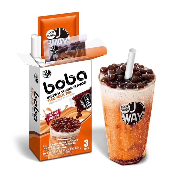 JWAY Instant Thai Milk Boba Tea Kit with Authentic Brown Sugar Tapioca Boba Pearls, Bubble Milk Tea Boba Set, Ready in Under 1 Minute, Paper Straws Included, 3 Servings