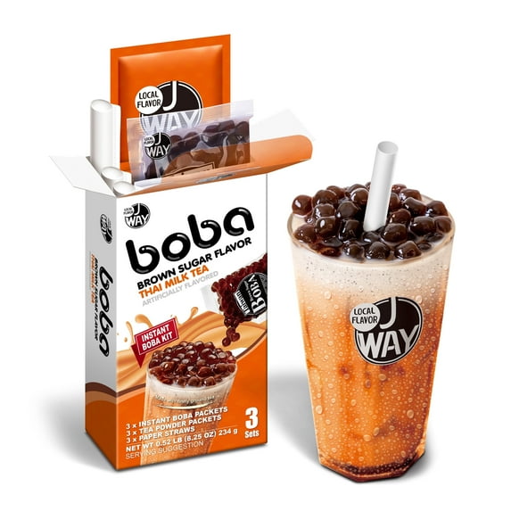 J WAY Instant Thai Milk Tea Kit with Authentic Brown Sugar Tapioca Boba, 3 Servings