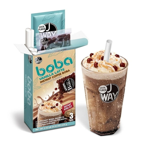 J WAY Instant Vanilla Latte Coffee Kit with Authentic Brown Sugar Tapioca Boba, 3 Servings