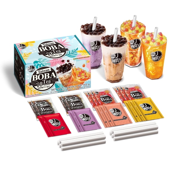 J WAY Instant Boba Bubble Pearl Variety Milk Tea Fruity Tea Kit with Authentic Brown Sugar Fruity Tapioca Boba, 10 Servings