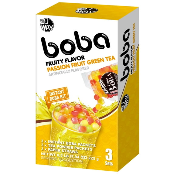 J Way Instant Boba Fruity Green Tea Set, Passionfruit Pineapple Bubble Tea Kit, 3 Drinks