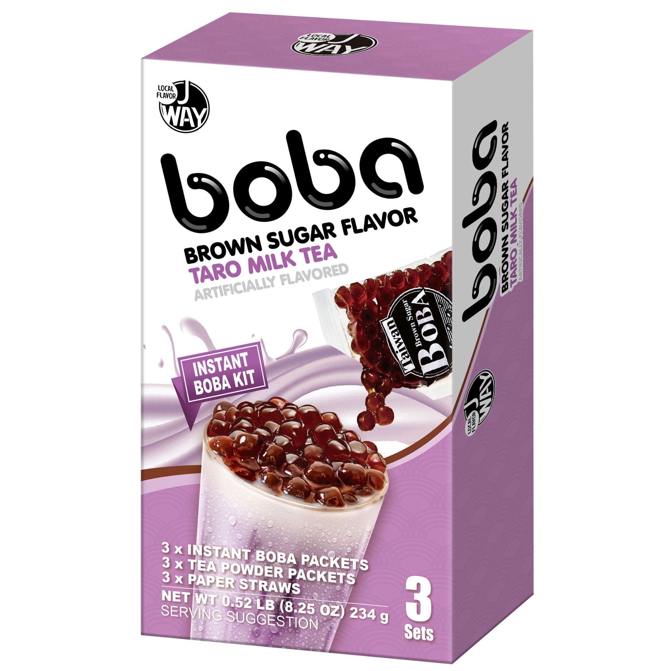 J Way Instant Boba Taro Milk Tea Set, Taro Bubble Tea Kit, 3 Drinks