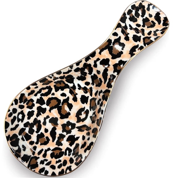 Ceramic Spoon Rest Holder for Kitchen Counter & Stove Top with Animal Pattern Brown Leopard