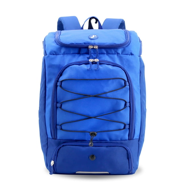 J World Athlete Backpack with Shoe Compartment Bat Holders and Night Visibility, Navy