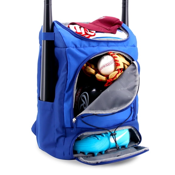J World Athlete Backpack with Shoe Compartment Bat Holders and Night Visibility, Navy