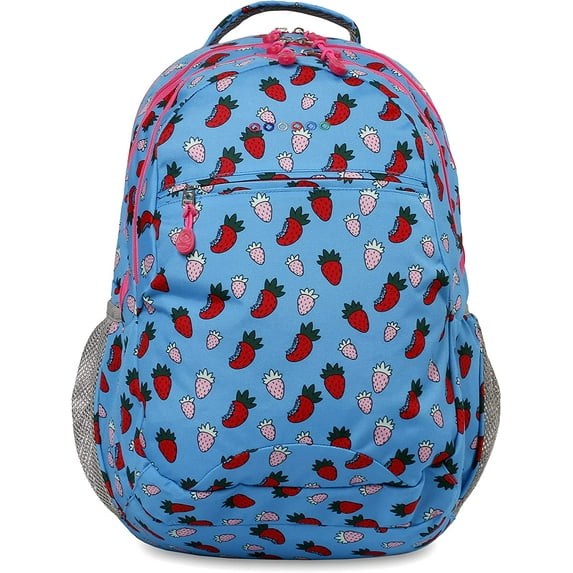 J World Boys and Girls Cornelia 18" Multi Compartment Laptop Backpack for School and Travel, Strawberry