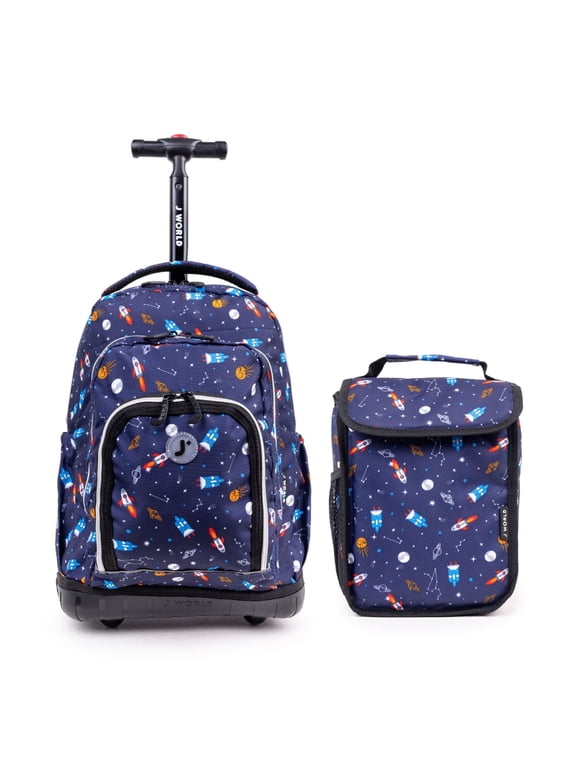 J World Boys and Girls Lollipop 16" Kids Rolling Backpack with Insulated Lunch Bag for School and Travel,Spaceship