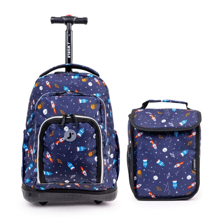 J World Boys and Girls Lollipop 16 Kids Rolling Backpack with Insulated Lunch Bag for School and Travel Spaceship