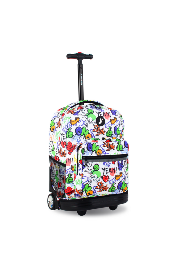 J World Boys and Girls Sunrise 18" Rolling Backpack For School and Travel, Street Art