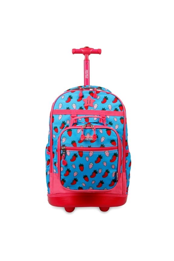 J World Girls Duo 18" Kids Rolling Backpack with Detachable Lunch Box Set for School, Strawberry
