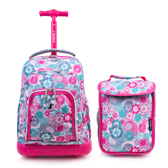 J World Girls Lollipop 16" Kids Rolling Backpack with Insulated Lunch Bag for School and Travel, Blue Raspberry