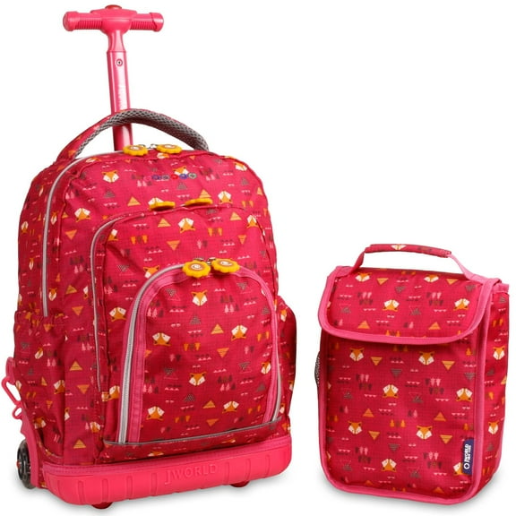 J World Girls Lollipop 16" Kids Rolling Backpack with Insulated Lunch Bag for School and Travel, Fox