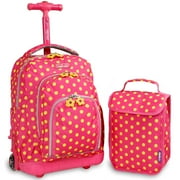 JWORLD J World Girls Lollipop 16" Kids Rolling Backpack with Insulated Lunch Bag for School and Travel, Pink Buttons